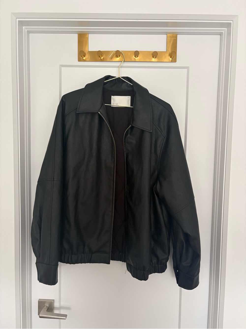 OAK + FORT Black Leather Bomber Jacket